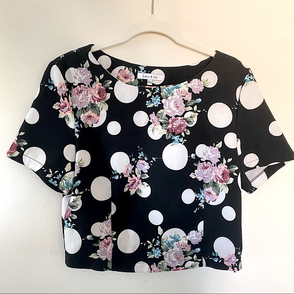 Lucy & Co Cropped Floral & Polka Dot Structured Top
